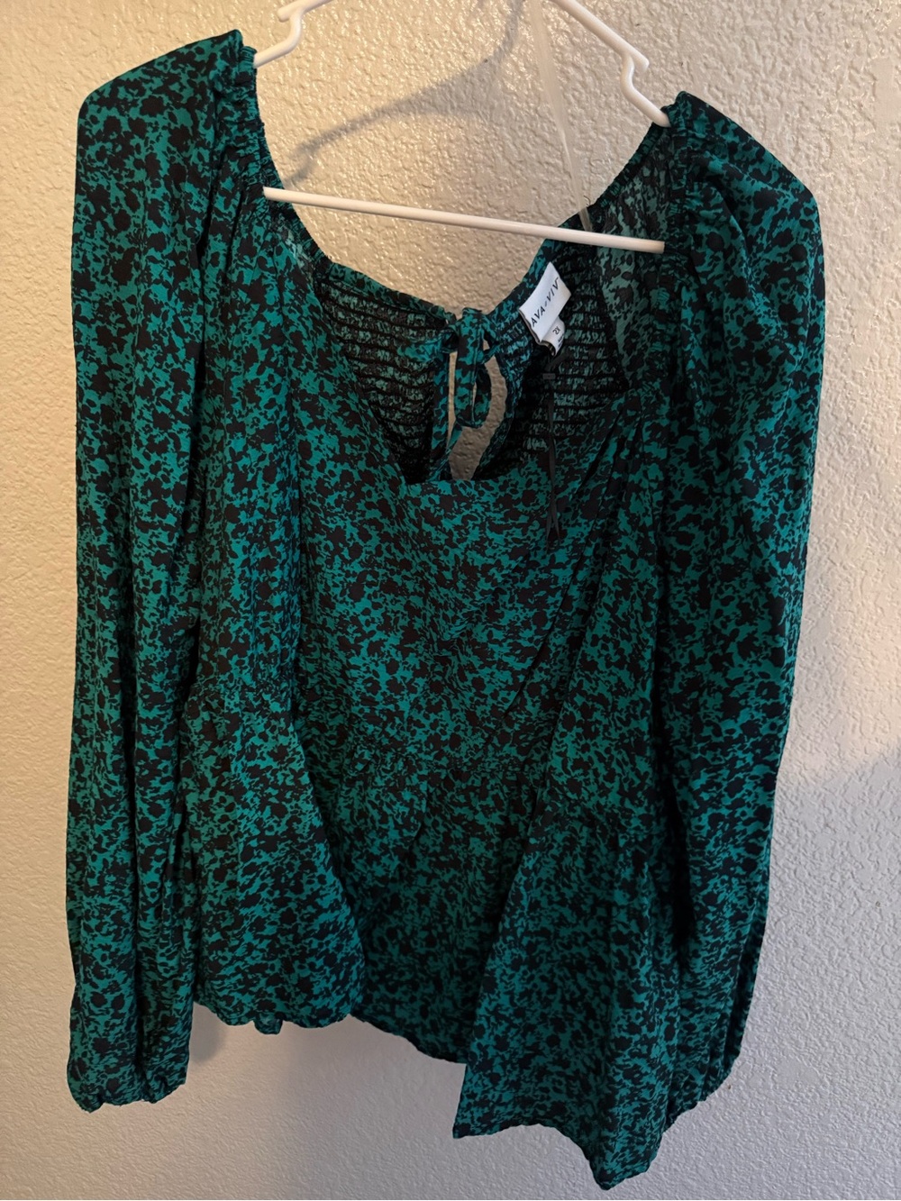 Ava & Viv Teal and Black Floral Tie-Neck Blouse